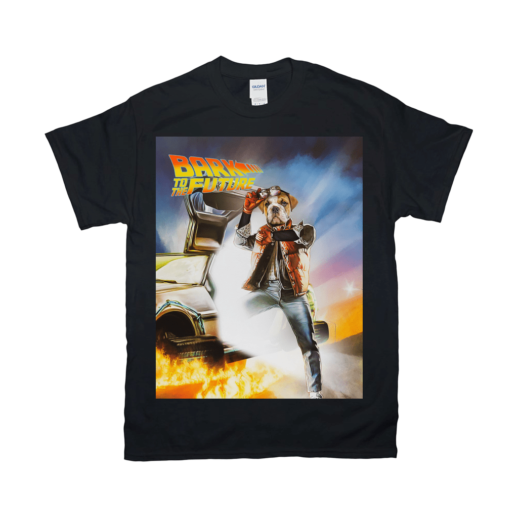 Black Gildan t-shirt with a personalized "Bark to the Future" pet design, featuring a bulldog in a brown jacket.