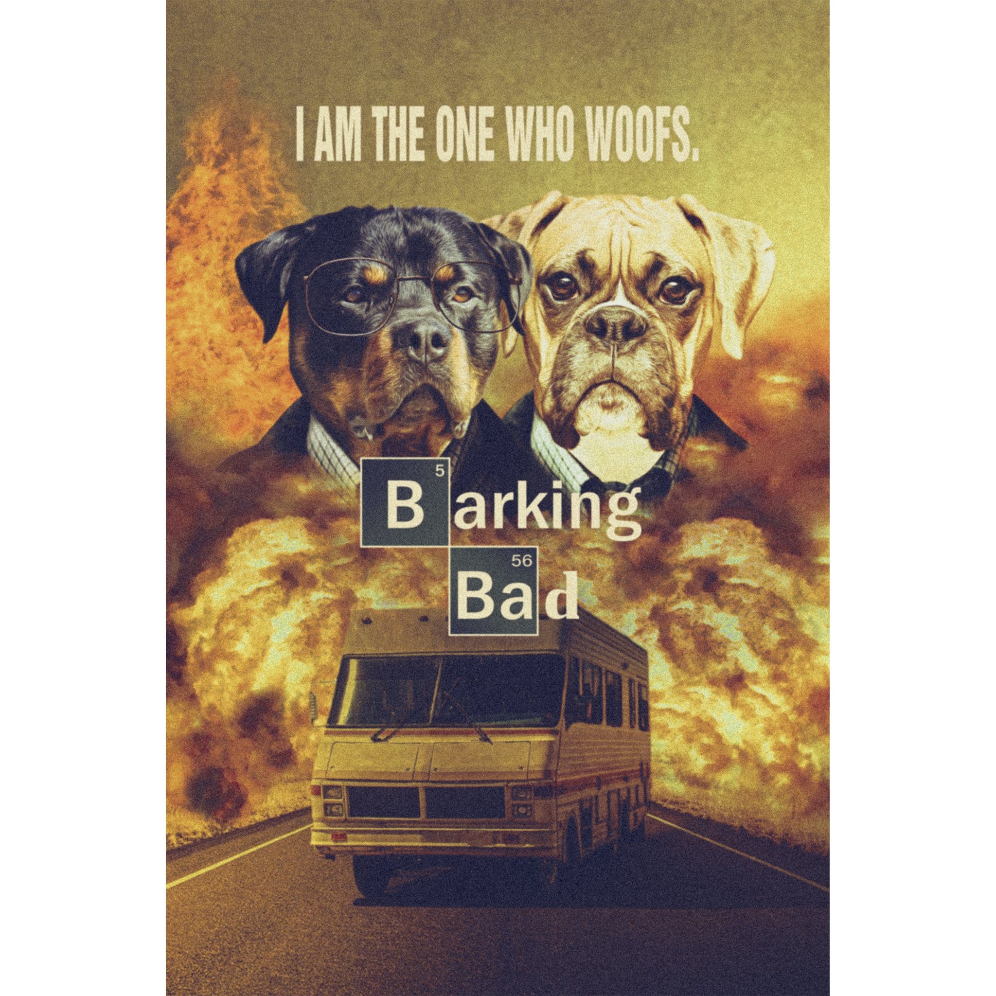 Custom digital portrait of two dogs in a "Barking Bad" style with a van and explosions.