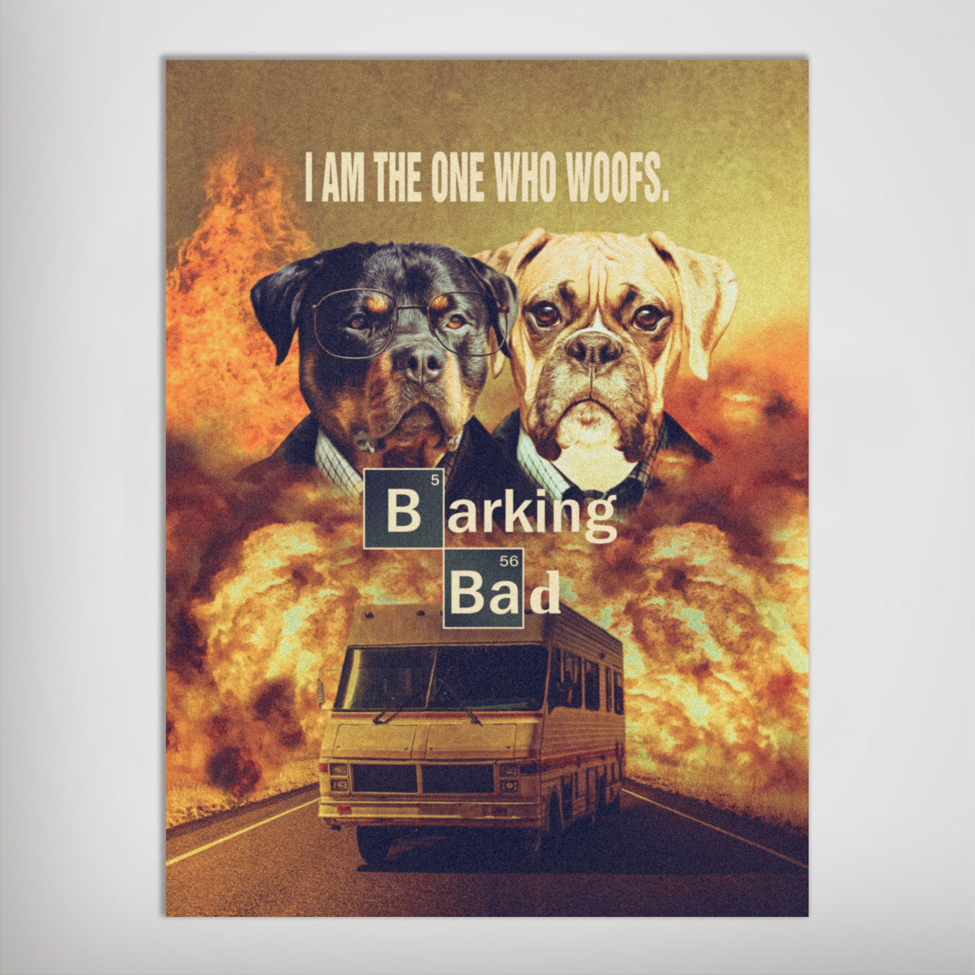 Personalized 'Barking Bad' poster featuring two pets, a Rottweiler and a Boxer, with a vintage RV and fiery background.