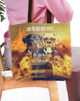 Personalized "Barking Bad" tote bag with custom dog portraits, featuring a Rottweiler and Boxer.