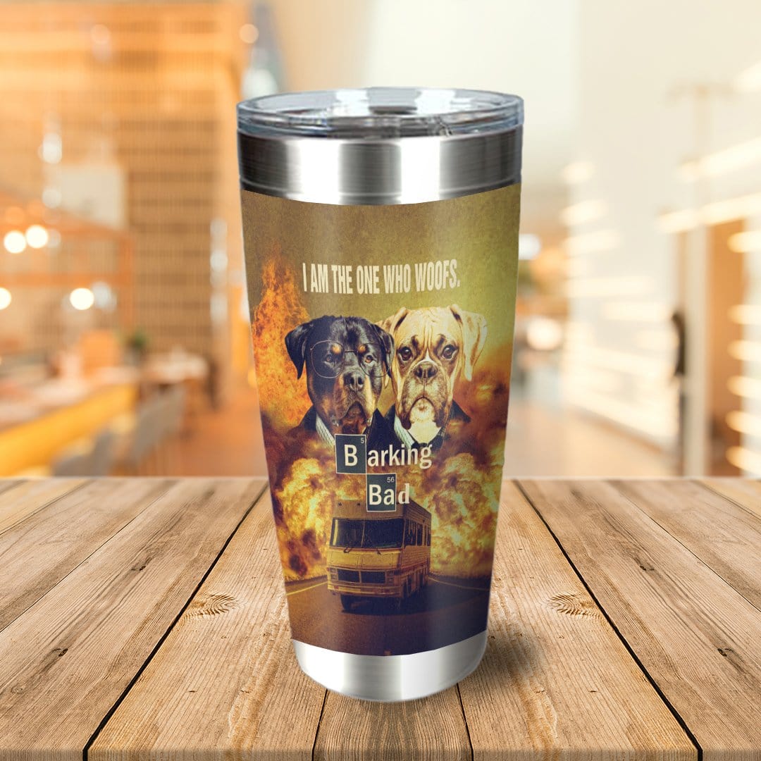 Personalized stainless steel tumbler with two dogs in suits, "Barking Bad" text, and a burning RV.