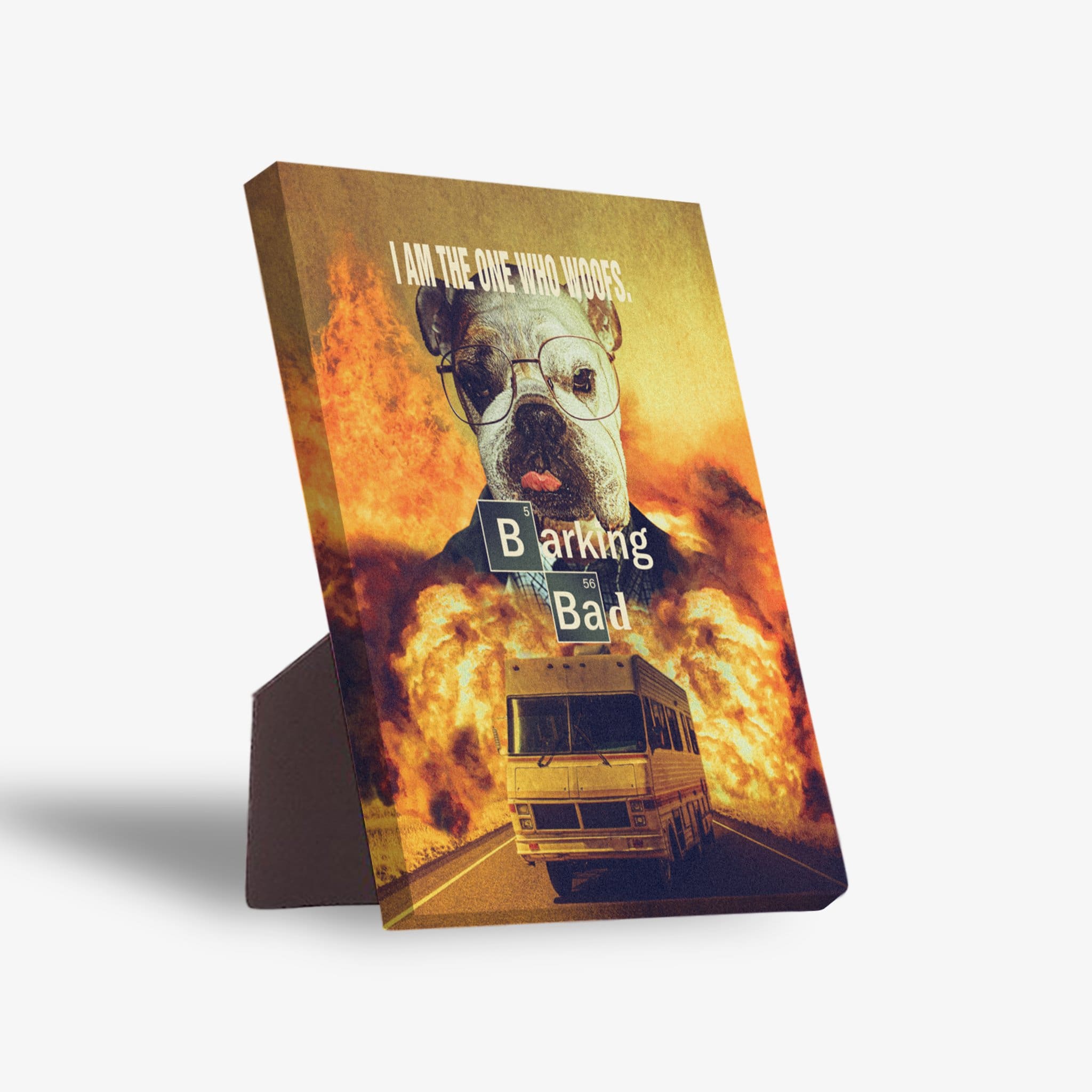 Barking Bad" personalized pet standing canvas featuring a dog in glasses, an RV, and explosions.