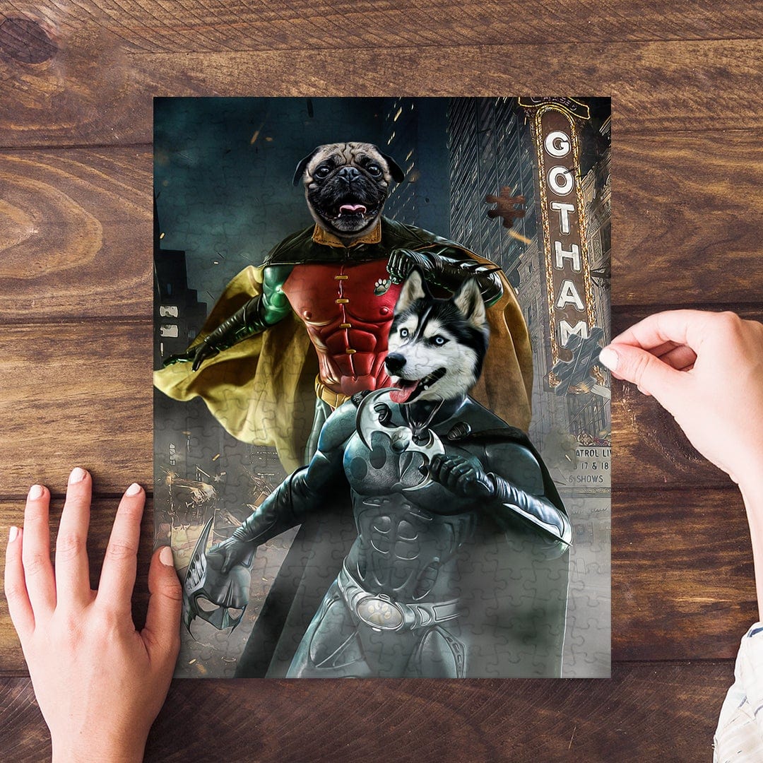 Personalized Bat Dog & Robin 2 pet puzzle featuring a pug as Robin and a husky as Batman.