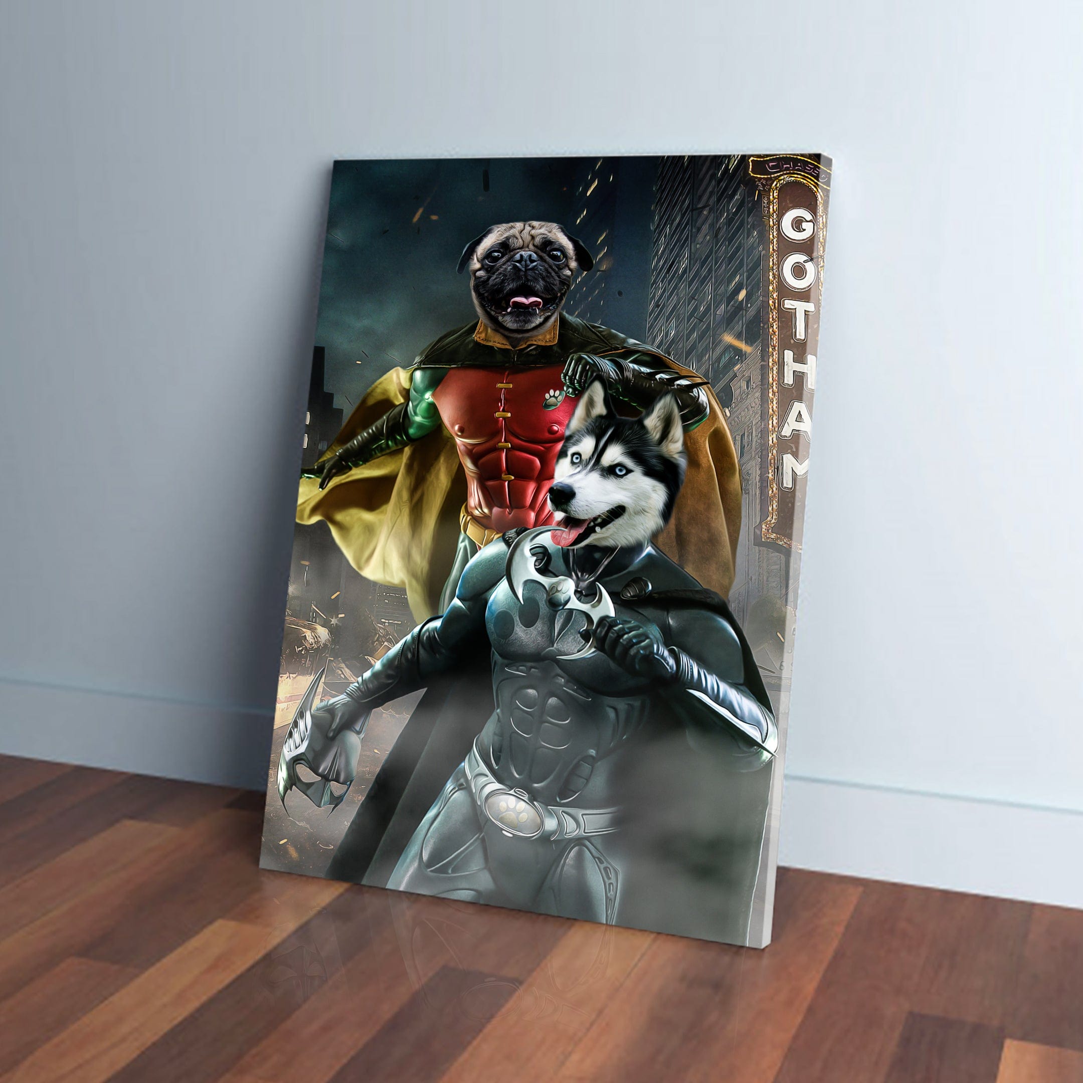 Personalized 'Bat Dog & Robpaw' canvas featuring a husky as Batman and a pug as Robin against a Gotham cityscape.