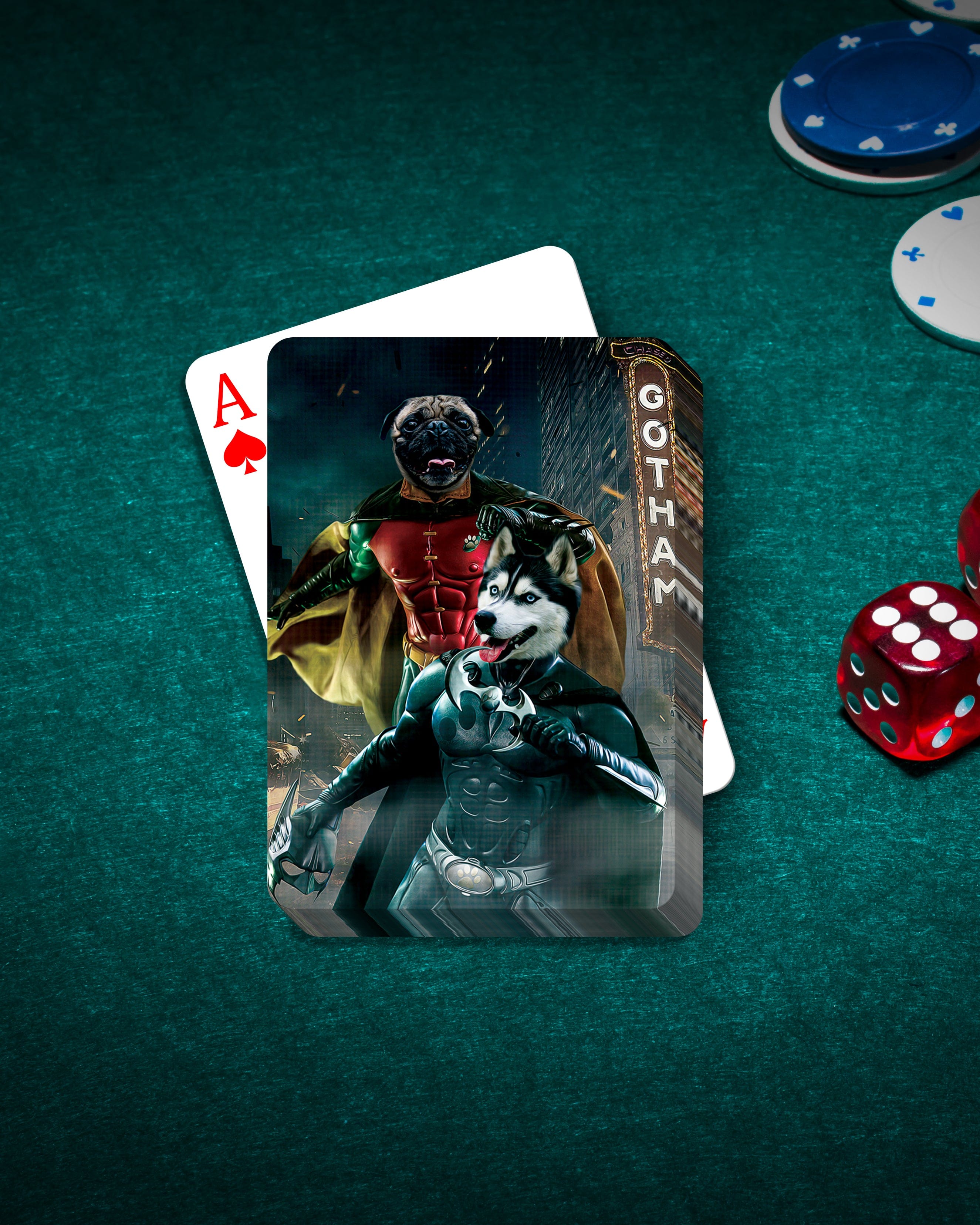 Personalized playing card featuring a pug as Robin and a husky as Bat Dog on a green felt table.