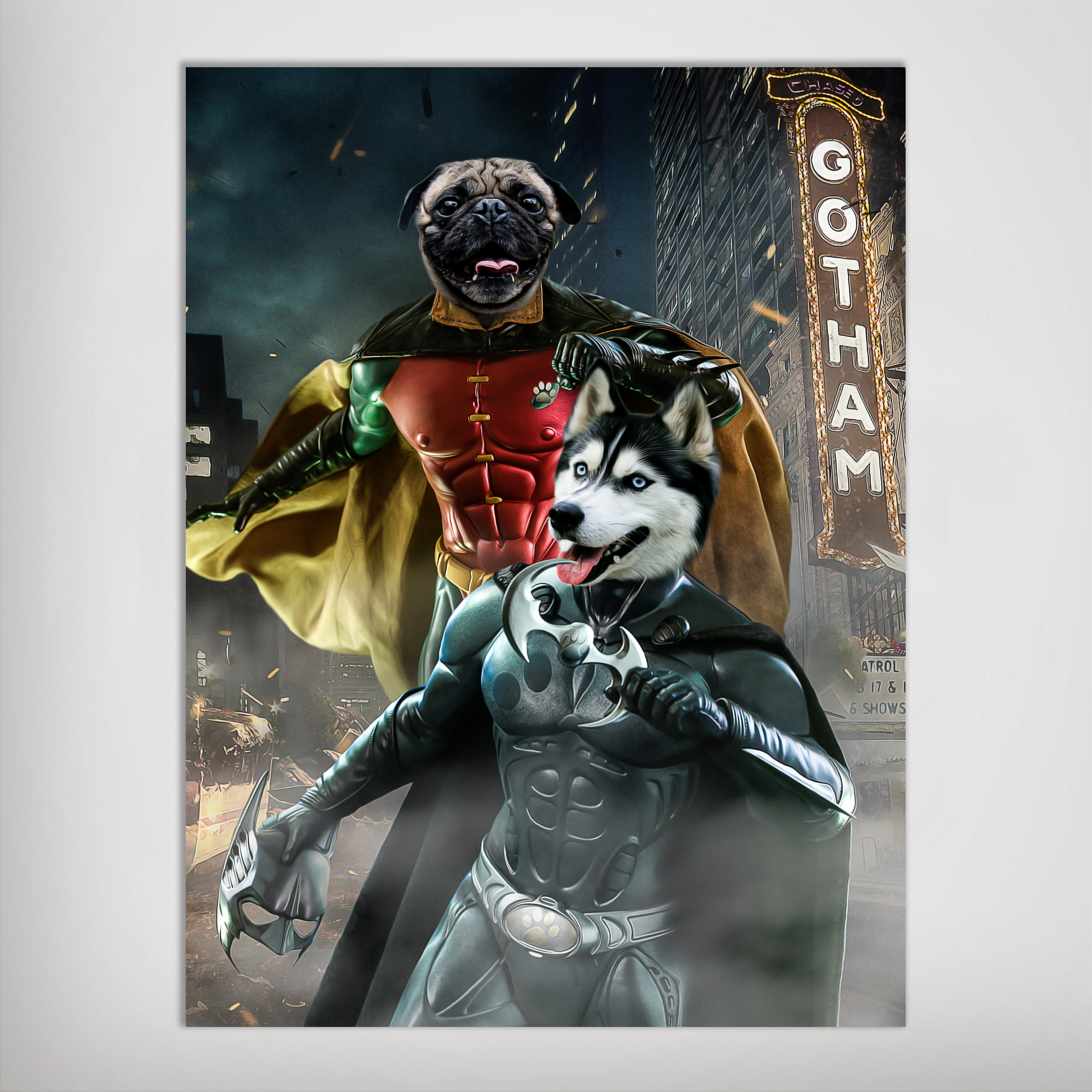 Personalized 'Bat Dog & Robpaw' poster featuring a Pug as Robin and a Husky as Batman against a Gotham backdrop.