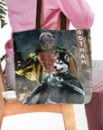 Personalized Bat Dog & Robpaw 2-pet tote bag featuring a pug and husky in superhero costumes.