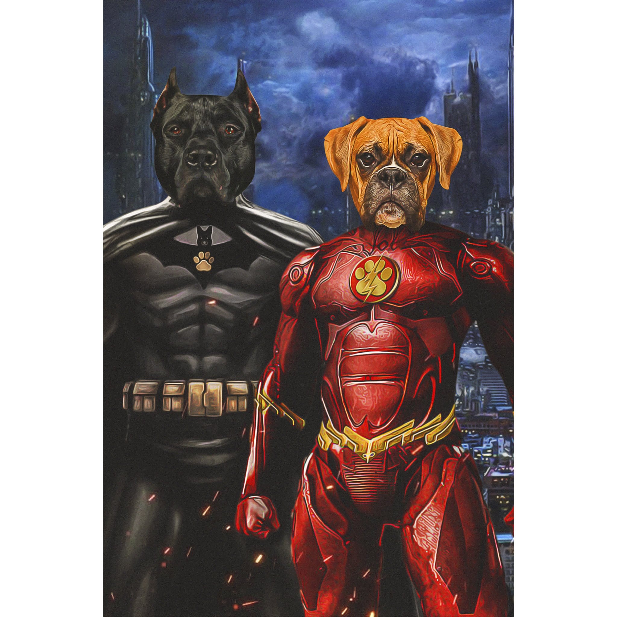 Custom digital portrait of two dogs as Batdog and Flash Doggo superheroes.