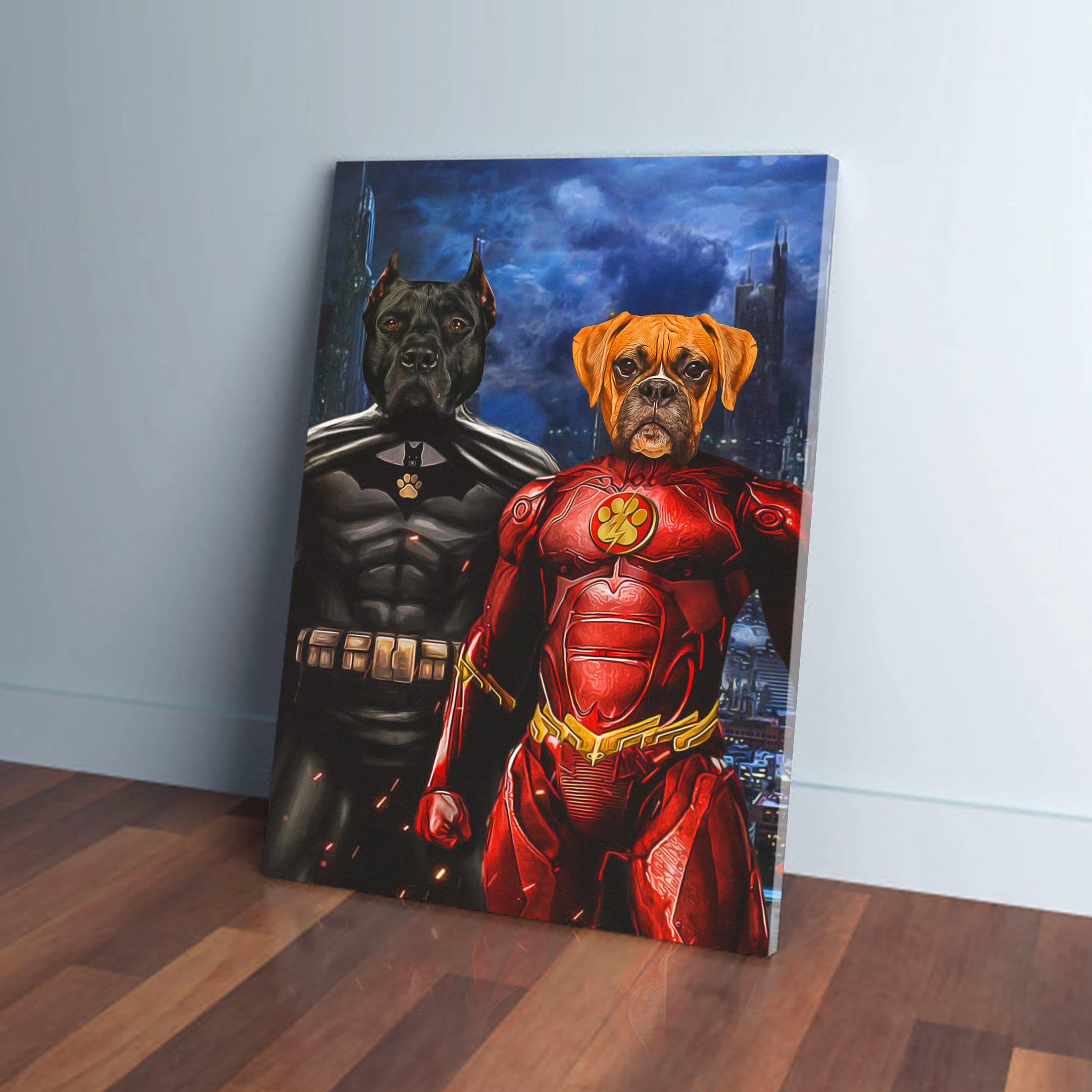 Custom canvas art featuring two dogs as superheroes: a black dog as Batman and a brown dog as The Flash.