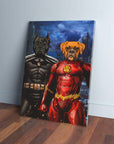 Custom canvas art featuring two dogs as superheroes: a black dog as Batman and a brown dog as The Flash.