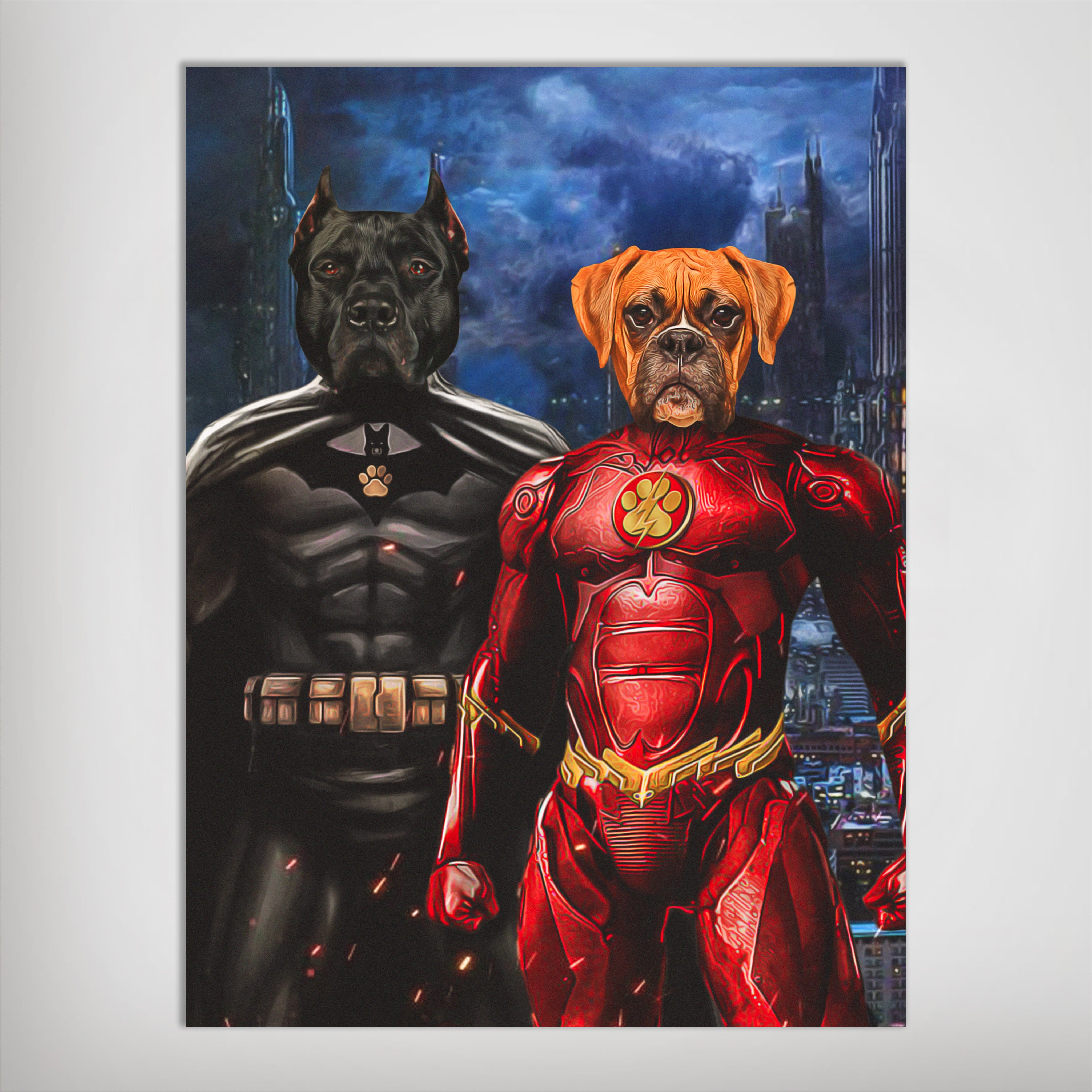 Personalized "Batdog & Flash Doggo" poster featuring two pets as superheroes against a cityscape.