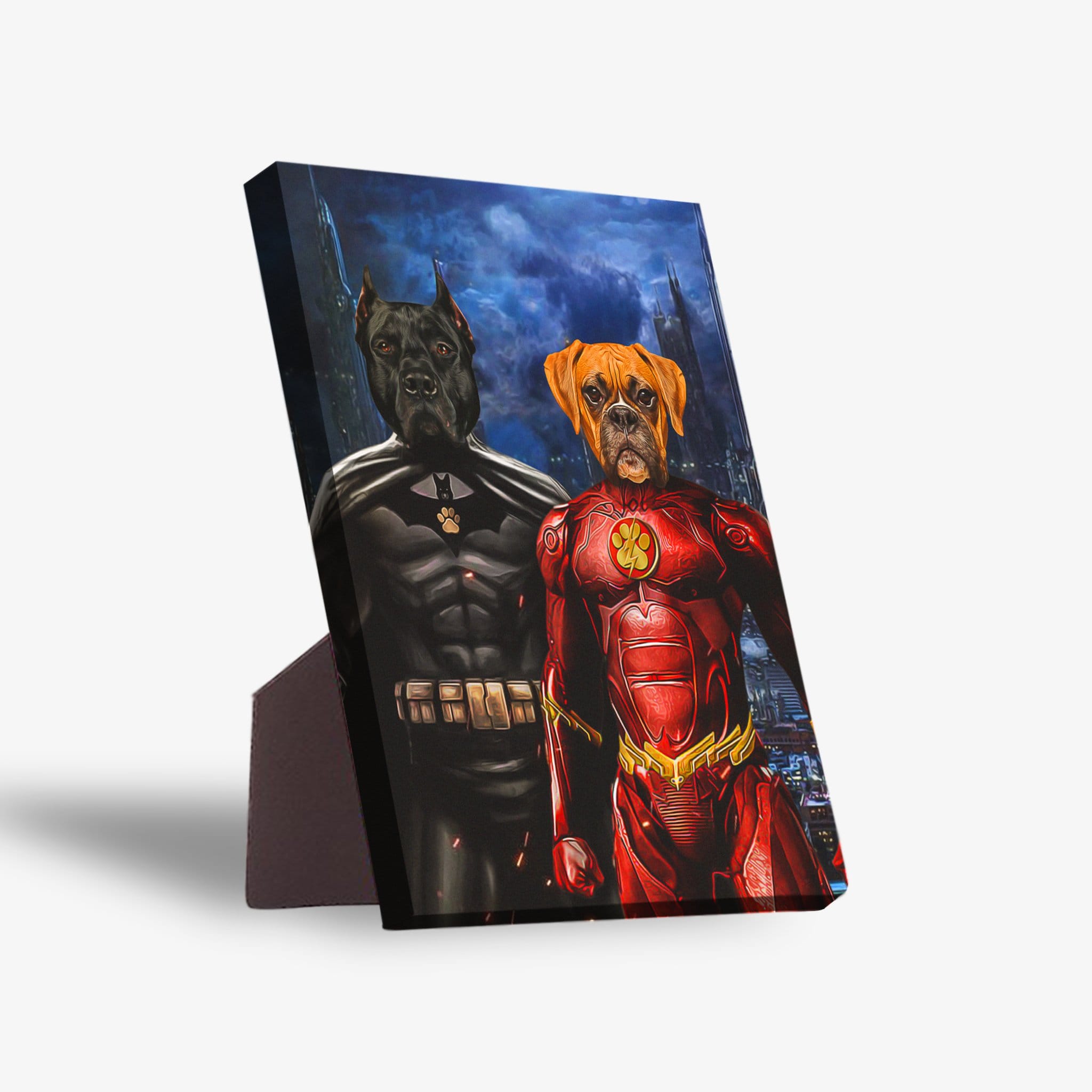 Personalized Batdog & Flash Doggo 2-pet standing canvas with a black dog as Batman and a brown dog as The Flash.