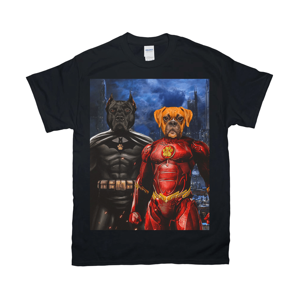 Black Gildan t-shirt featuring a personalized graphic of two dogs dressed as Batman and The Flash.