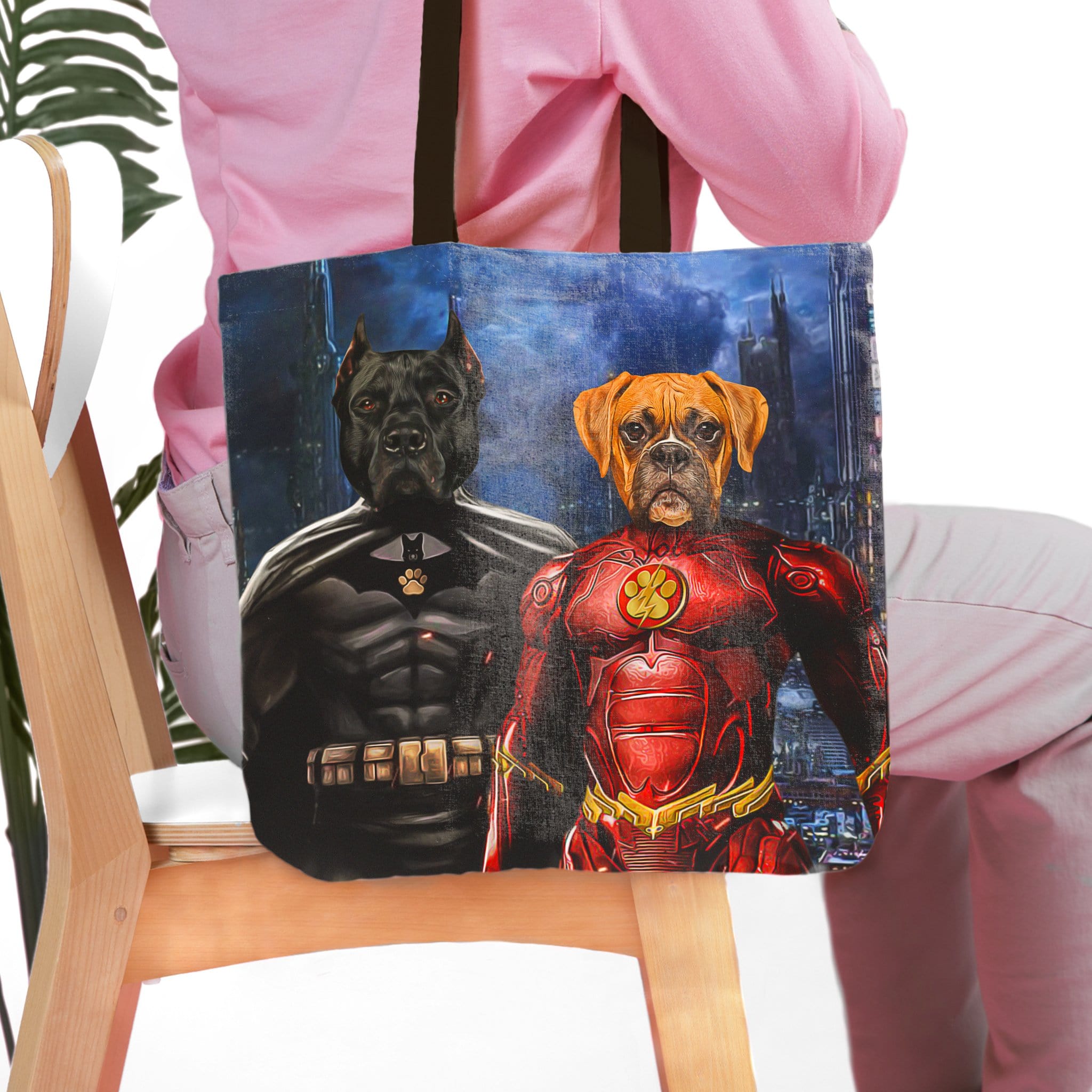 Personalized 2-pet tote bag featuring custom dog portraits as Batdog and Flash Doggo.