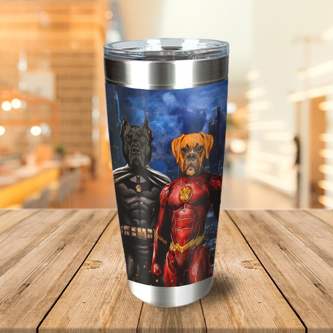 Personalized stainless steel tumbler with two dogs dressed as Batman and Flash superheroes.