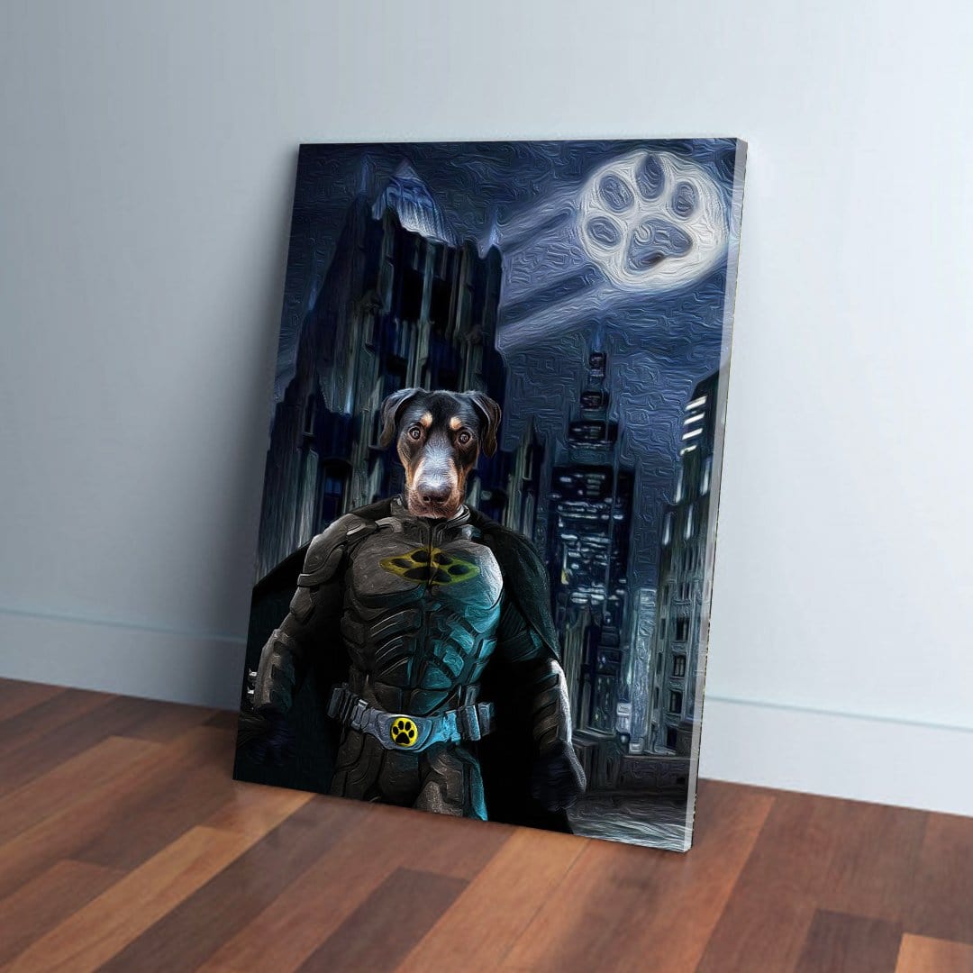 Custom Batdog pet canvas featuring a dog in a dark superhero suit against a city skyline with a paw print moon.