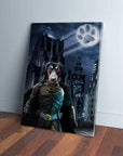 Custom Batdog pet canvas featuring a dog in a dark superhero suit against a city skyline with a paw print moon.