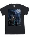 Black Gildan t-shirt with a personalized "Batdog" design featuring a dog in a superhero costume.