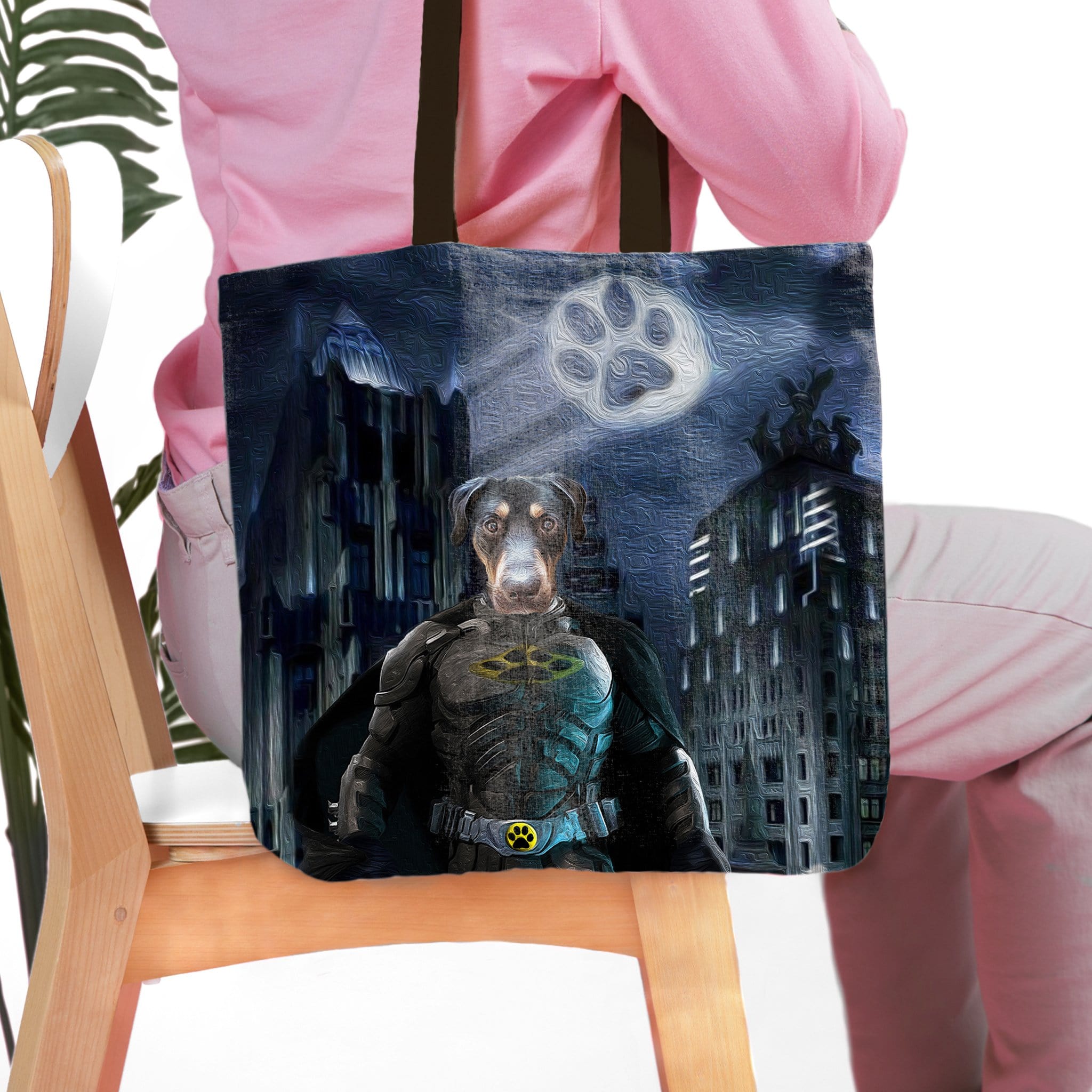 Personalized 'Batdog' tote bag featuring a Doberman in a superhero costume against a city night sky.