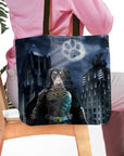 Personalized 'Batdog' tote bag featuring a Doberman in a superhero costume against a city night sky.