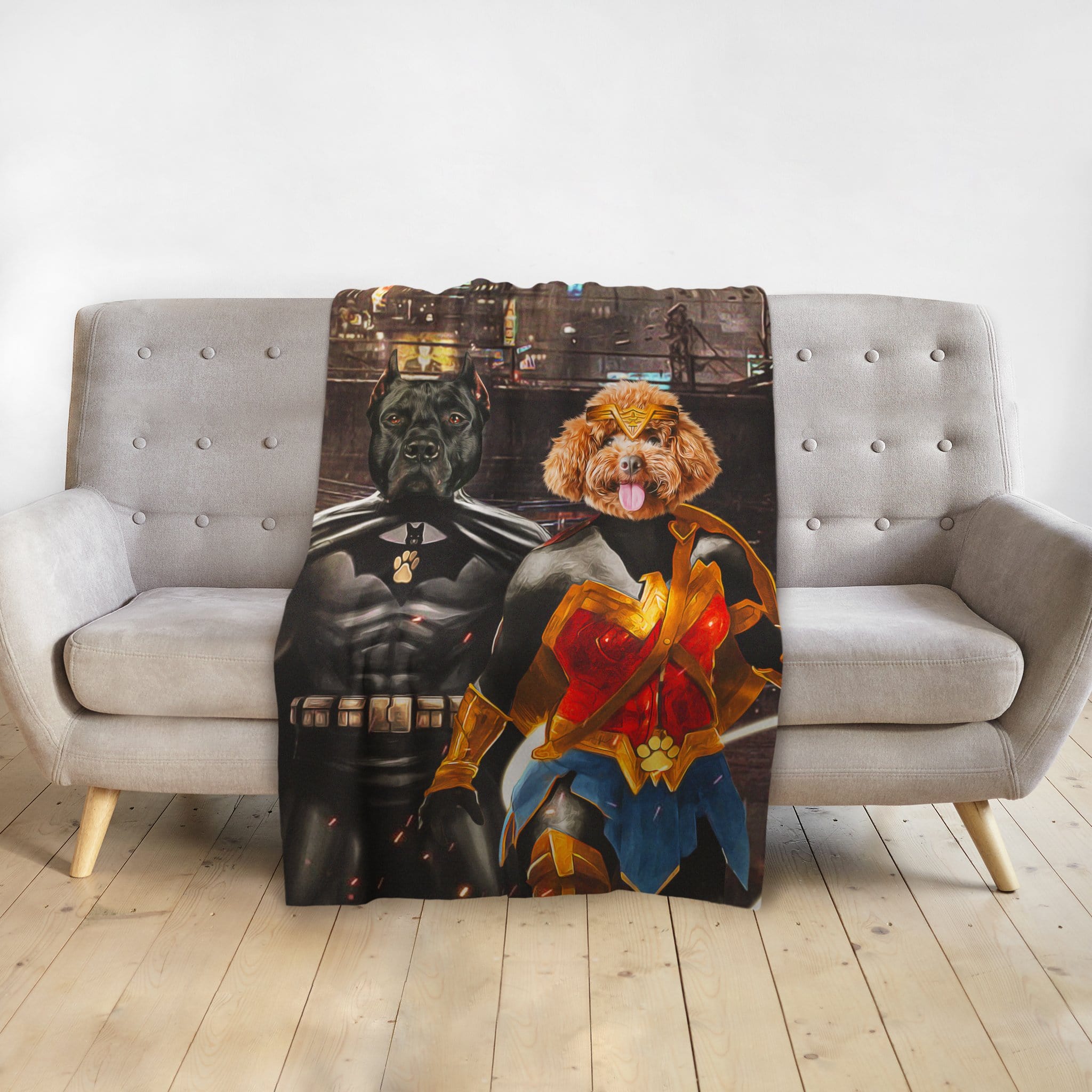 Custom personalized pet blanket with two dogs dressed as Batdog and Wonder Doggette.