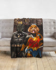 Custom personalized pet blanket with two dogs dressed as Batdog and Wonder Doggette.