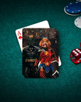 Personalized playing card featuring two dogs dressed as Batdog and Wonder Doggette on a green poker table.