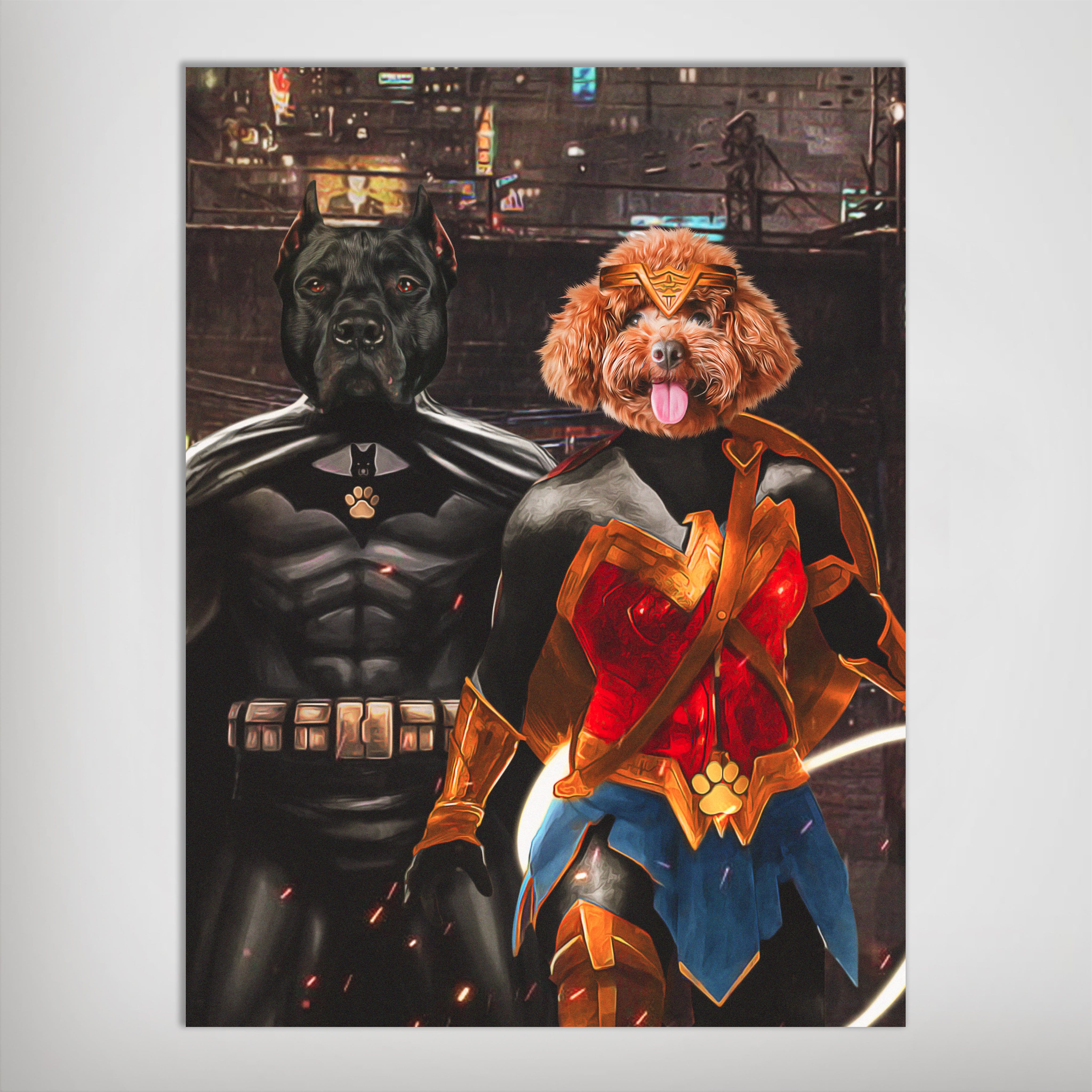 Personalized 'Batdog & Wonder Doggette' poster featuring a black dog as Batman and a brown poodle as Wonder Woman.