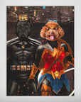 Personalized 'Batdog & Wonder Doggette' poster featuring a black dog as Batman and a brown poodle as Wonder Woman.