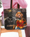 Personalized 2-pet tote bag featuring a black dog as Batdog and a brown dog as Wonder Doggette.