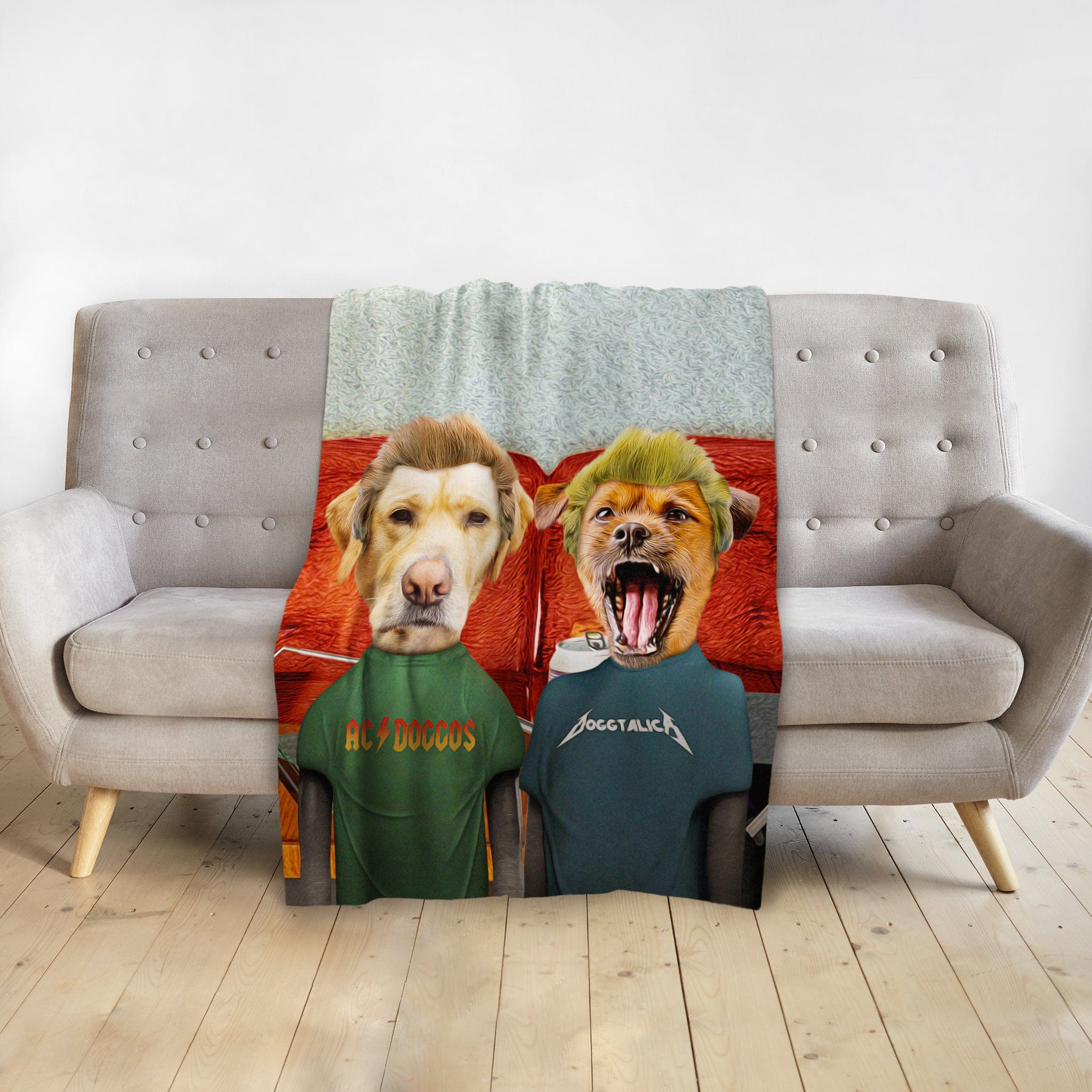 Personalized custom pet blanket featuring two dogs in "Beavis and Buttsniffer" style.