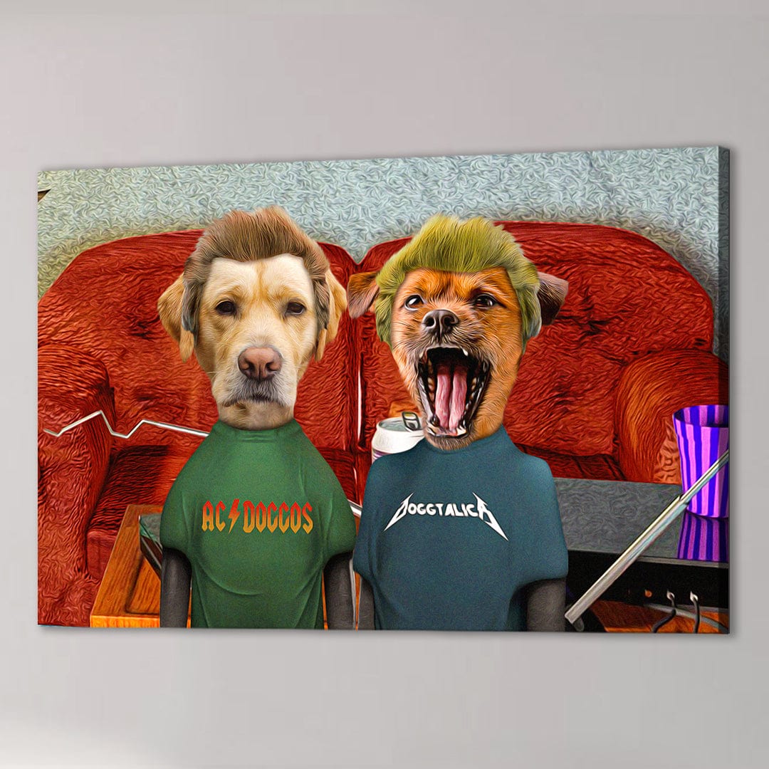 Custom 'Beavis and Buttsniffer' pet canvas featuring two dogs in rock band shirts on a red couch.