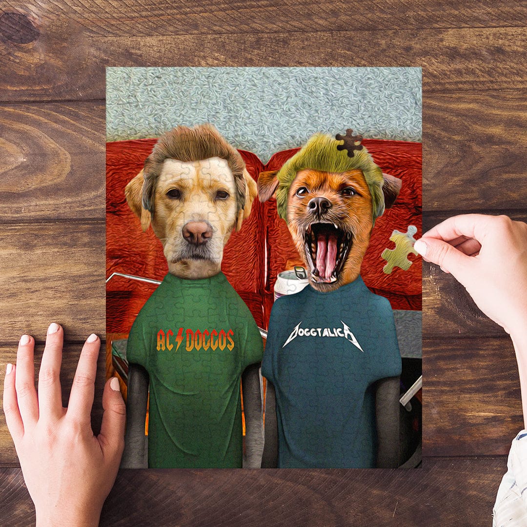 Personalized 2 pet puzzle featuring dogs in "Beavis and Buttsniffer" style, on a wooden table.