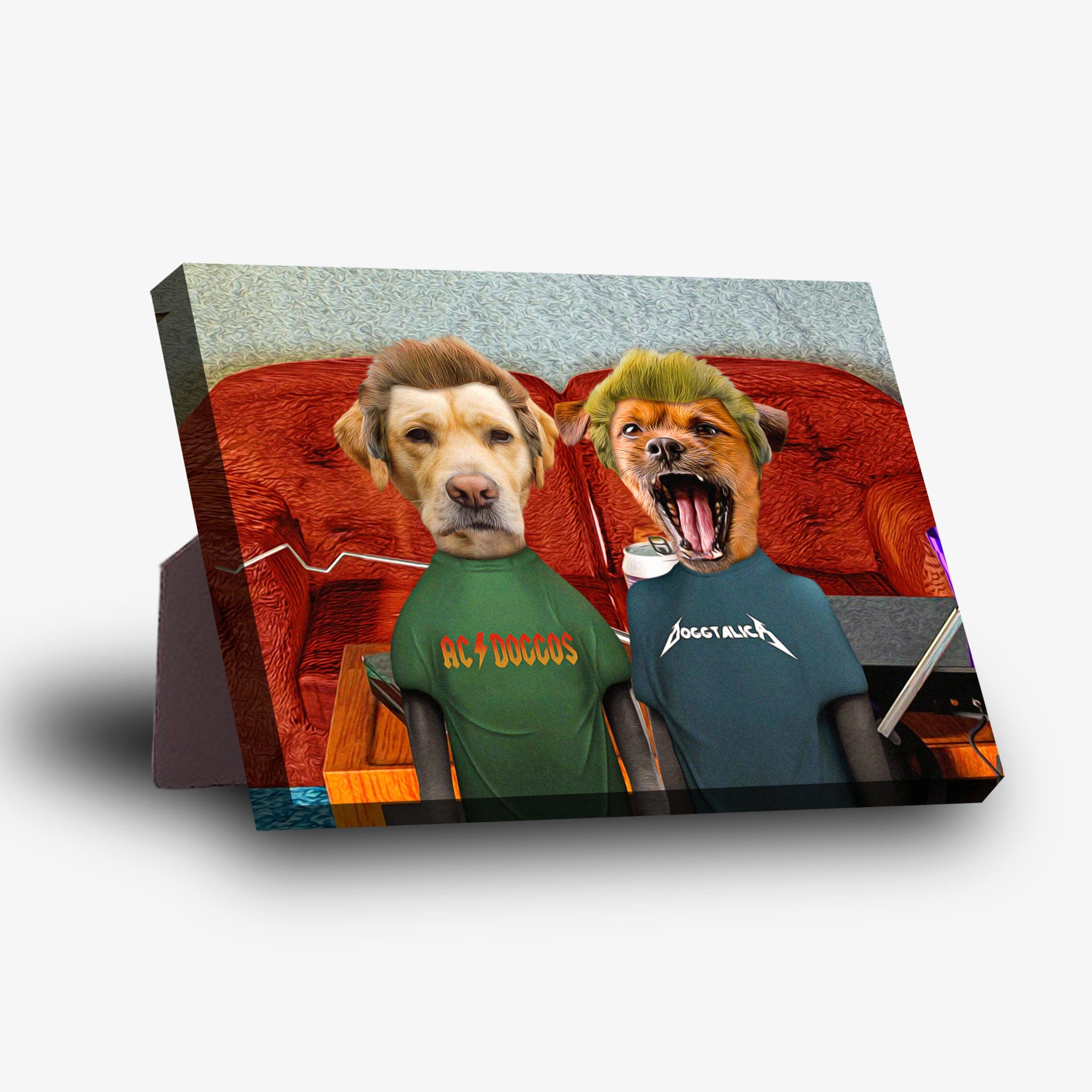 Personalized 'Beavis and Buttsniffer' 2-pet standing canvas featuring dogs in green "AC/DOGGOS" and blue "DOGTALICA" shirts.