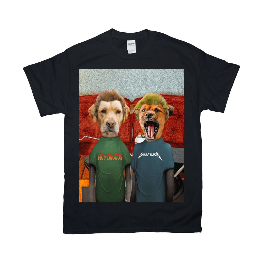 Black Gildan unisex t-shirt featuring two dogs with human hair, wearing green "AC/DOOOS" and blue "DOGGYTALICA" shirts.