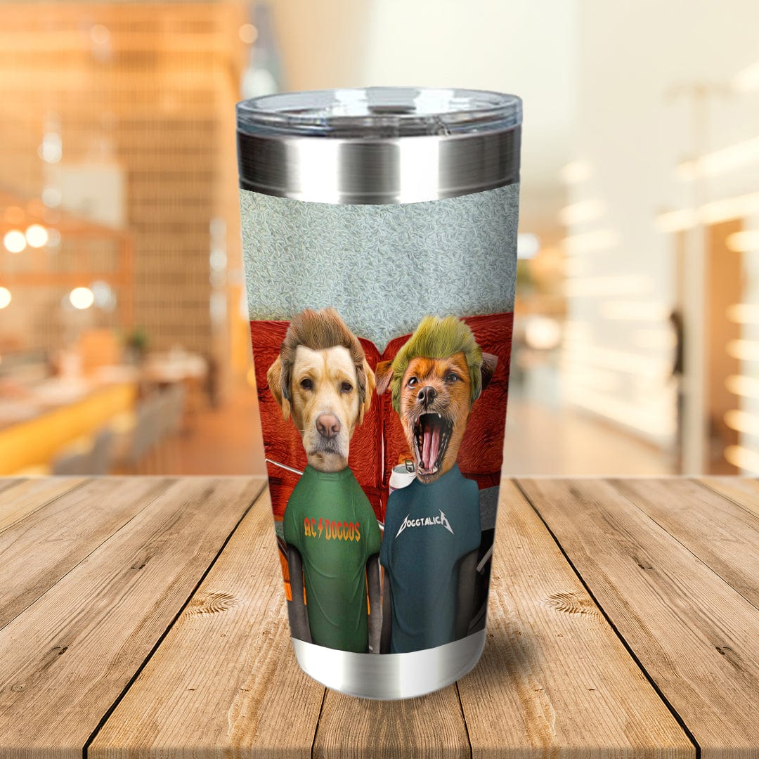 Personalized stainless steel tumbler with two dogs in cartoon rock band outfits.