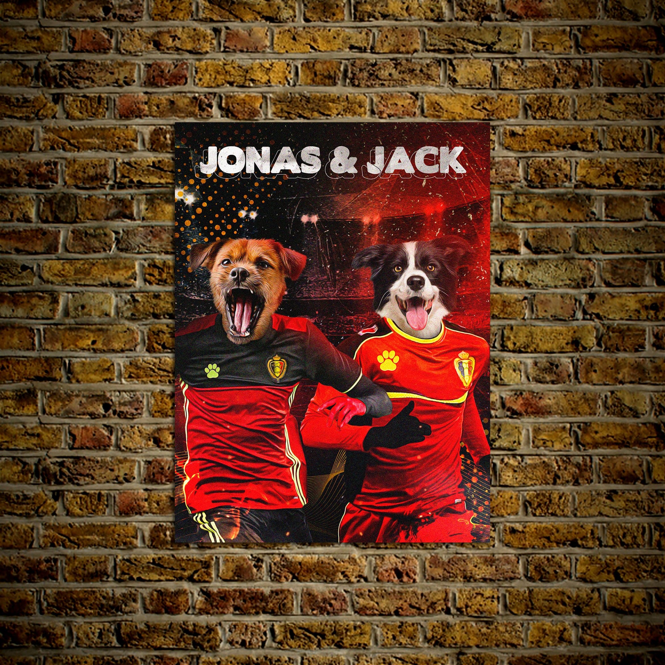 Personalized "Belgium Doggos" poster featuring two dogs in red soccer jerseys on a brick wall.