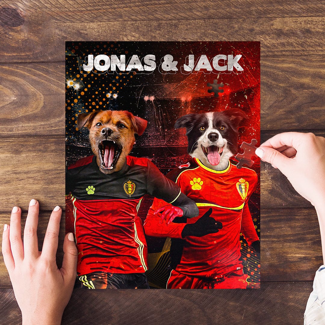 Personalized 2-pet puzzle featuring dogs in red Belgium soccer jerseys with names "Jonas & Jack.