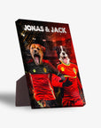 Personalized 'Belgium Doggos' standing canvas featuring two pets in red soccer jerseys, named Jonas & Jack.