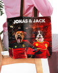Personalized two-pet tote bag featuring custom dog portraits in Belgium soccer uniforms.