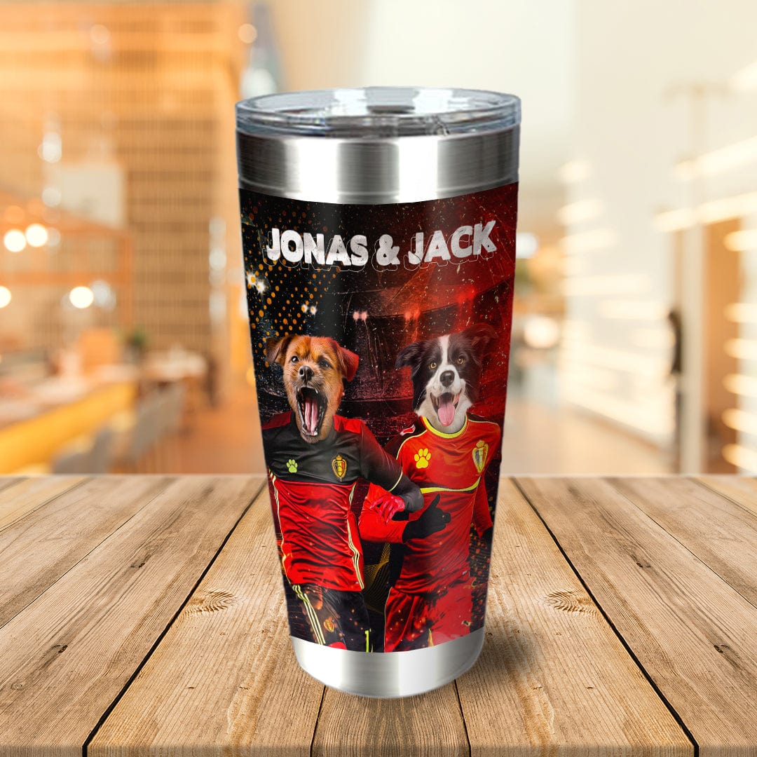 Personalized stainless steel tumbler with two dogs in Belgium soccer jerseys and names "Jonas & Jack.