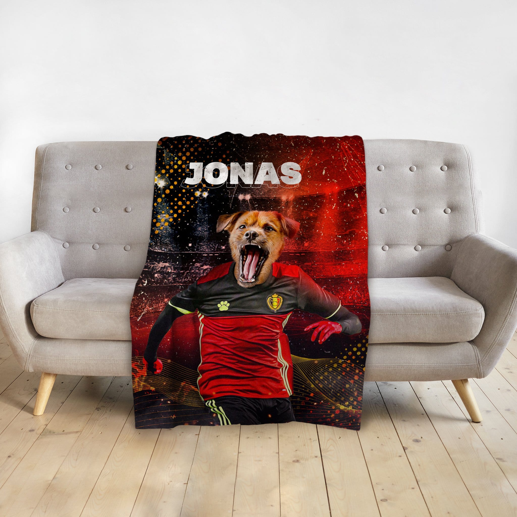 Personalized pet blanket with a dog in a Belgium soccer uniform, named "JONAS," on a red and black background.