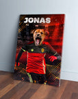 Personalized pet canvas featuring a dog's head on a Belgian soccer player's body, named 'JONAS'.