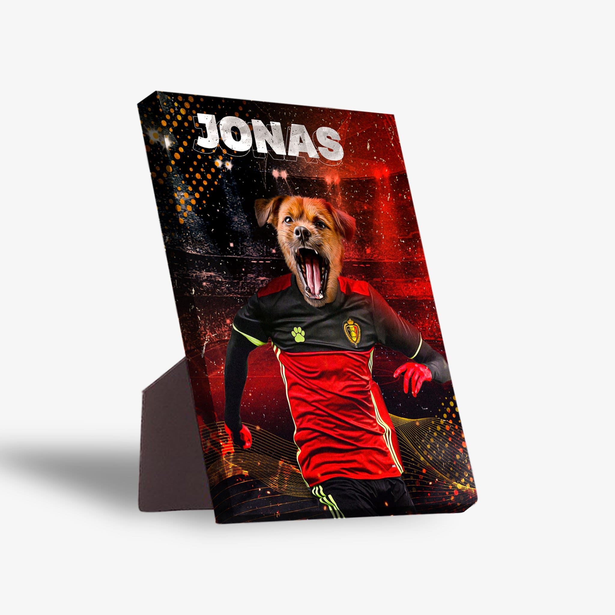 Personalized pet standing canvas featuring a dog's head on a soccer player in a red and black Belgium jersey.