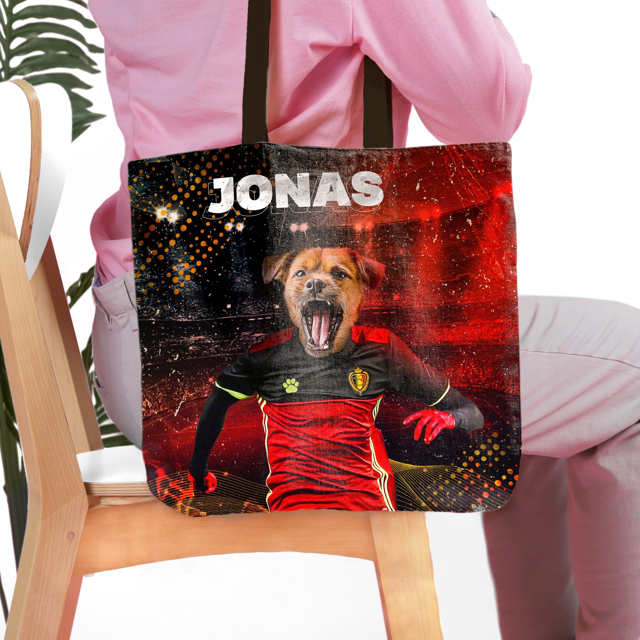 Personalized Belgium Doggos Soccer tote bag with a custom pet portrait of a dog in a football jersey.