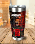 Personalized stainless steel tumbler with a dog in a Belgium soccer jersey and "JONAS" text.