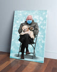 Personalized canvas of Bernie Sanders in a mask and mittens, holding a fluffy dog, on a light blue background.