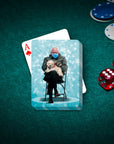 Personalized playing cards featuring a custom portrait of a man in a mask holding a dog, on a green poker table.
