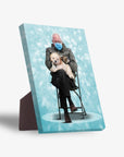 Personalized standing canvas featuring a man in a mask holding a fluffy dog, on a light blue background with a sturdy stand.