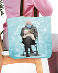Personalized tote bag with a custom portrait of a man in a mask holding a fluffy dog on a light blue background.